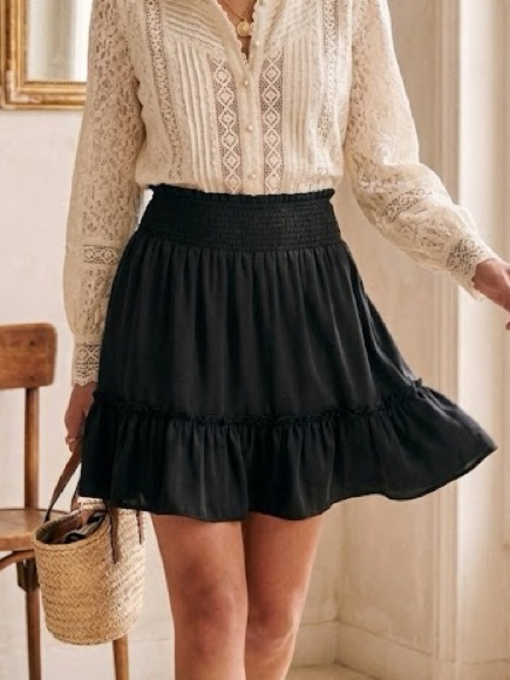 New Without Tags Lola Grace Ruffle Satin Smocked Waist Black Mini Skirt In Small